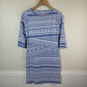 J McLaughlin Blue White Print Dress Womens Small Stretch Knit 3/4 Sleeve